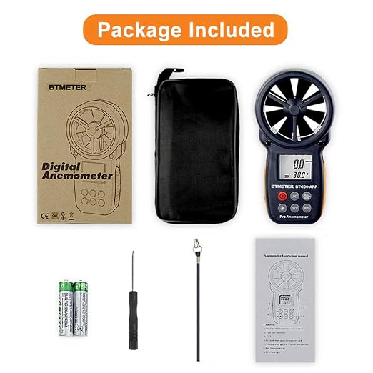 BTMETER BT-100APP Anemometer w/Wireless Bluetooth, Digital Handheld Wind Speed Meter for Wind Chill, Air Velocity, Temperature, Vane Anemometer Gauge