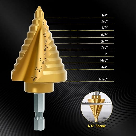 Titanium Step Drill Bit - 4241 HSS Step Bit with Two Spiral Grooved,1/4" to 1-3/8" Spiral Flute Step Bit for Metal, 10 Sizes HSS Step Drill Unibit for Metal, Aluminum, Wood & Plastic