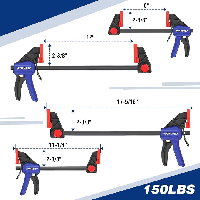 WORKPRO 10-Pack Bar Clamps for Woodworking, 6-Inch (2) Mini & (2) Light Duty and 12-Inch (2) Wood Clamps & 4-1/2-Inch (4) Spring Clamps, F Clamp with 50/150 LBS Load Limited