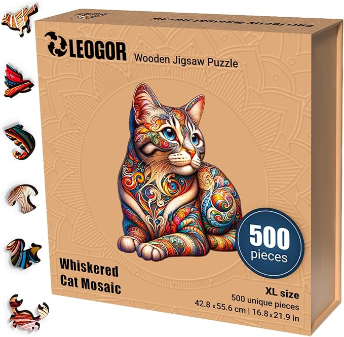 LEOGOR Wooden Puzzles for Adults 500 Piece (16.8 x 21.9 in), Mosaic Cat Jigsaw Puzzle, Extra-Thick 5mm Wood Puzzle Adult, Unique Animal Shaped Pieces, Challenging Large Brain Teaser Puzzle for Adults