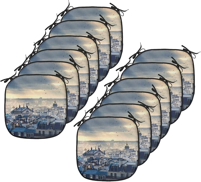 Lunarable Paris Chair Cushion Pads Set 12, Paris Cityscape from Montmartre Rooftops Flying Bird Pigeons Foggy Sunrise, Anti-Slip Seat Padding for Kitchen & Patio, 16"x16", Dark Blue Yellow