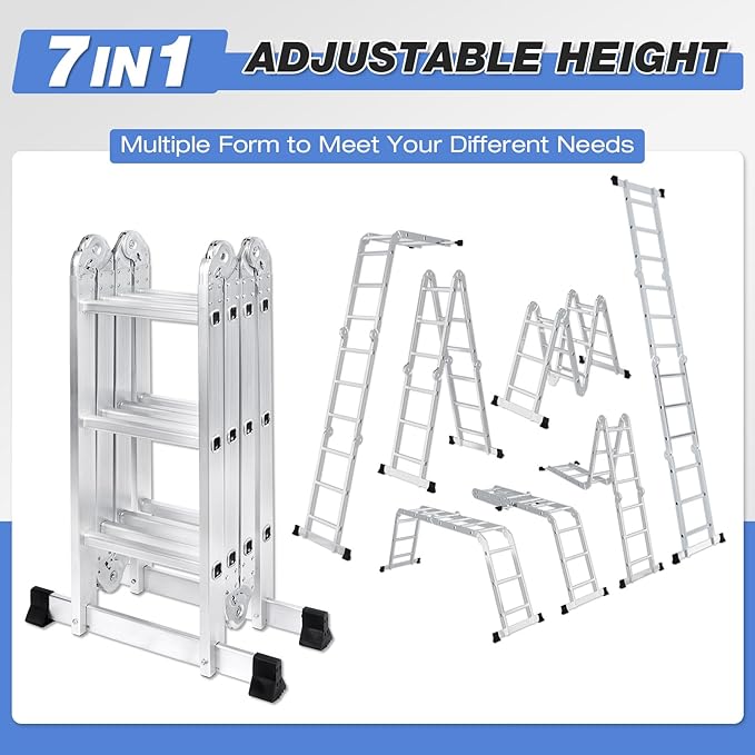 12.5FT Multi-Purpose Folding Ladder, 7 in 1 Aluminium Folding Ladder Collapsible Extension Ladders Adjustable Step Ladders with Large Joints for Home Roof RV Work Painting