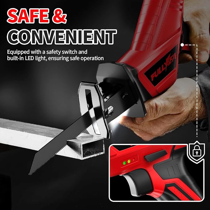 FULLYEA Reciprocating Saw Cordless, 0-3500SPM Power Reciprocating Saw with 4 Saw Blades, Tool-Free Blade Change, Variable Speed Electric Reciprocating Saws for Woods/Metal/Plastic Cutting