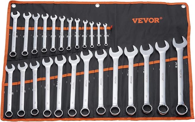 VEVOR 25-Piece Metric Combination Wrench Set, 6-32mm, Open End, Carbon Steel, with Roll-up Pouch, Ideal for Household, Garage, Workshop, Auto Repairs