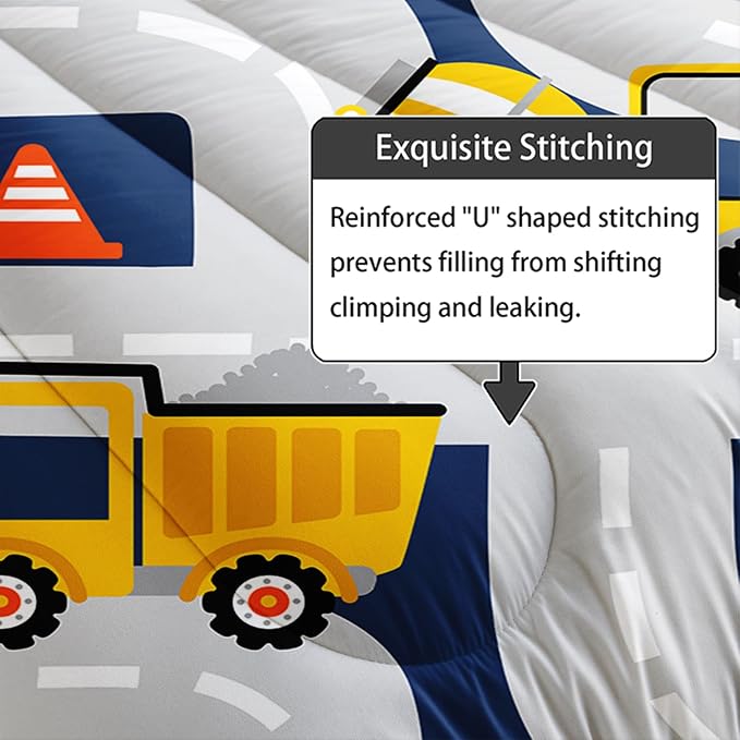 Axolotl Cartoon Excavator Bedding Set King,Tractor Truck Boys Comforter,3 Piece Yellow Vehicles Truck Comforter Set,Construction Site Theme Decor for Kids Boys Teens,1 Quilt 2 Pillowcases