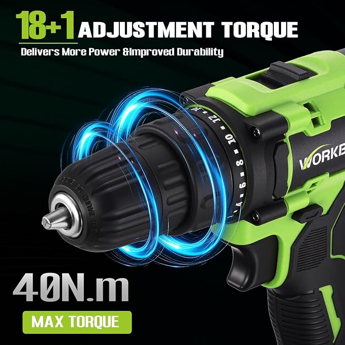 WORKBLESS 21V Power Drill Set, Cordless Drill with Battery and Charger, 3/8'' Keyless Chuck, Variable Speed, 18+1 Torque Setting and 28pcs Bits Tool Set(Green, 1 Battery)