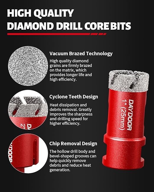 DAYDOOR Diamond Hole Saw Kit, 15-Piece Tile Hole Saw Kit 1/4" 5/16" 4/5" 1" 1-3/8" 2" 3" 4",Vacuum Brazed Core Drill Bits for Porcelain Tile, Granite, Marble, Stone(Red)