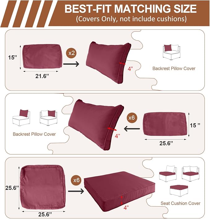 14 Piece Outdoor Patio Cushion Covers Replacement, Waterproof Outdoor Furniture Cushion Covers, Fit 7 Pcs 6 Seater Wicker Rattan Conversation Sofa Set,Burgundy(Only Cover) 25.6x25.6