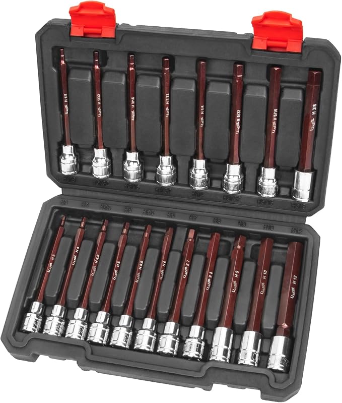 LLNEDL 3/8 Inch Drive Long Allen Hex Bit Socket Set, 19-Piece Hex Head Standard SAE & Metric Sockets (1/8"-3/8", 3-12mm), S2 Alloy Steel Durable Tools for Mechanics