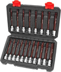 LLNEDL 3/8 Inch Drive Long Allen Hex Bit Socket Set, 19-Piece Hex Head Standard SAE & Metric Sockets (1/8"-3/8", 3-12mm), S2 Alloy Steel Durable Tools for Mechanics