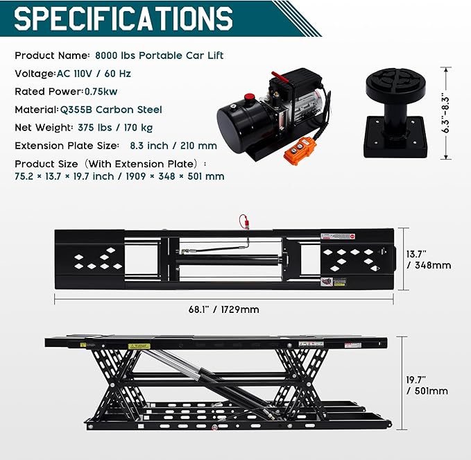 Albott 8000 LBS Portable Car Lift for Home Garage, Heavy-Duty Q355B Steel Vehicle Lift, Adjustable Height up to 27.4", 25–30s Fast Cycle, Locking Levers, Extension Plate, Foldable with Wheels