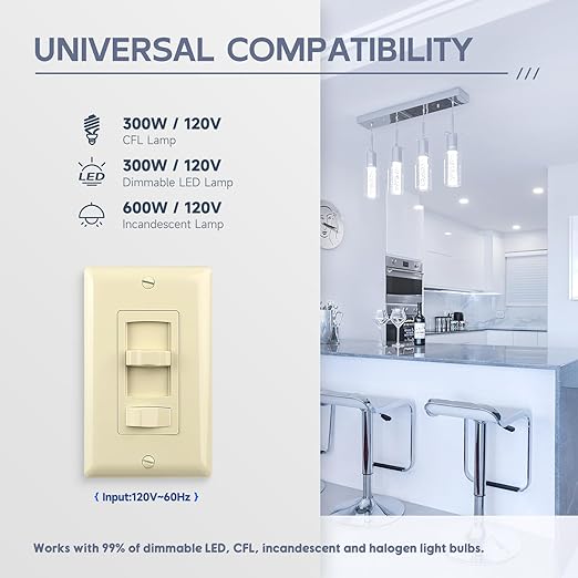 ECOELER Dimmer Electrical Light Switch, Single-Pole or 3 Way Full Range Dimming Decora Wall Switches for LED Light/CFL/Incandescent, Wall Plate Included, ETL Listed, Ivory, 4 Pack