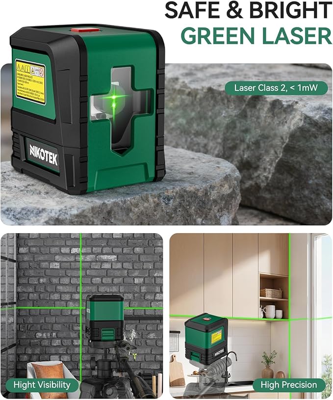 Nikotek Laser Level with Tripod Self-Leveling Green Beam Horizontal and Vertical Crossline Laser for Home Decor Carrying Bag with Tripod Battery (NK02GT)