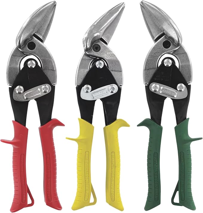 MIDWEST Aviation Snip Set - Left, Right and Straight Cut Offset Tin Cutting Shears with Forged Blade & KUSH'N-POWER Comfort Grips - MWT-6510RLS