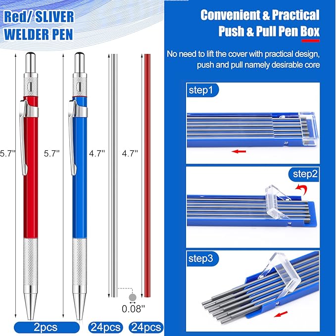 Gersoniel 2 Pcs Welders Pencil with 48 PCS Round Refills Mechanical Pencils Metal Welding Marker for Tube Pipe Fitter Welder Steel Construction Woodworking (Red, Silver)