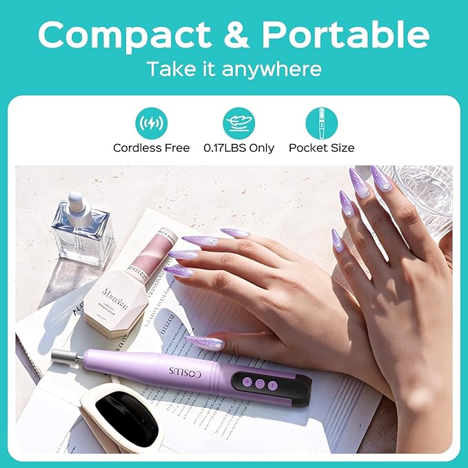 COSLUS C50 Cordless Electric Nail Drill : 12-Speed Professional Nail File with LED Display for All Manicure Shaping & Gel Removal, Nail Art Practice Essentials, Home DIY & Portable Travel Use, Purple