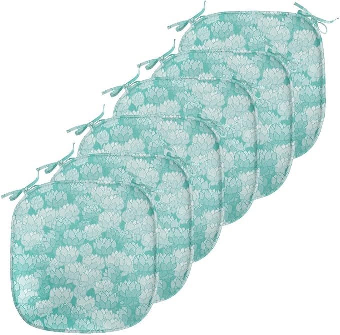 Lunarable Aquamarine Chair Seating Cushion Set of 6, Retro Design Continuous Pattern of Abstract Flowers, Anti-Slip Seat Padding for Kitchen & Patio, 16"x16", Turquoise Pale Seafoam