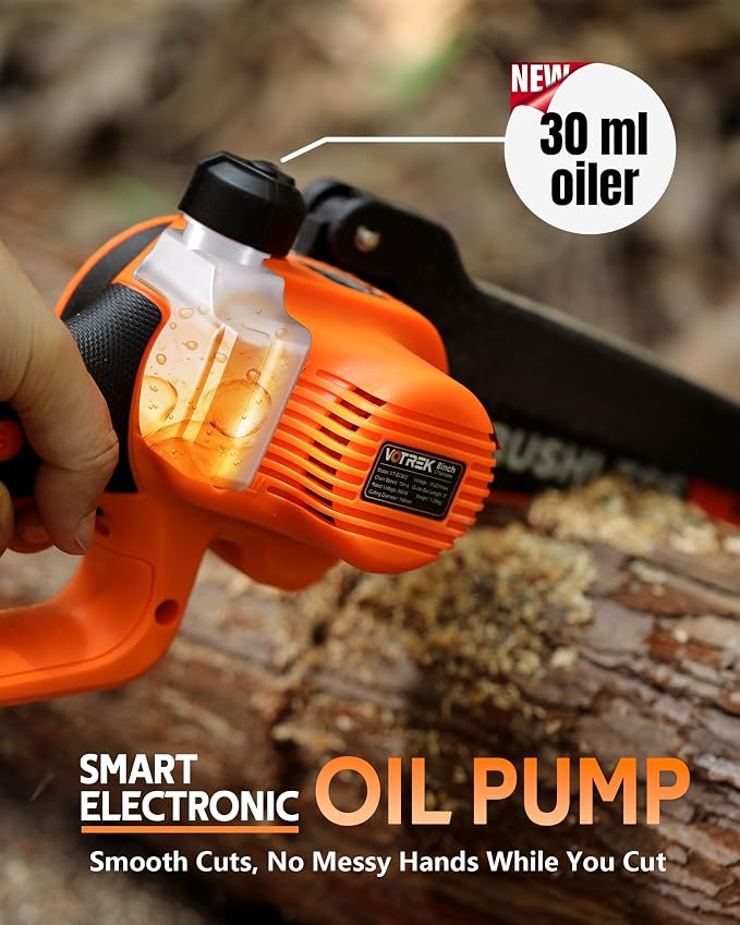 VOTREK® 6-Inch & 8-Inch Mini Chainsaw Cordless, 2 x 3.0Ah Batteries, Electric Chain Saw with 2 Chains, 2 Bars, Brushless Motor, Auto Oiler, Tool-Free Tensioner for Tree Trimming and Yard Cleanup