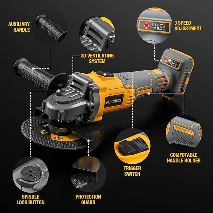Angle Grinder Cordless for Dewalt 20V Max Battery, Brushless, 4 1/2" Cordless Grinder, Variable Speed, Powerful 20V Angle Grinder Tool for Grinding Polishing Cutting (Battery Not Included)