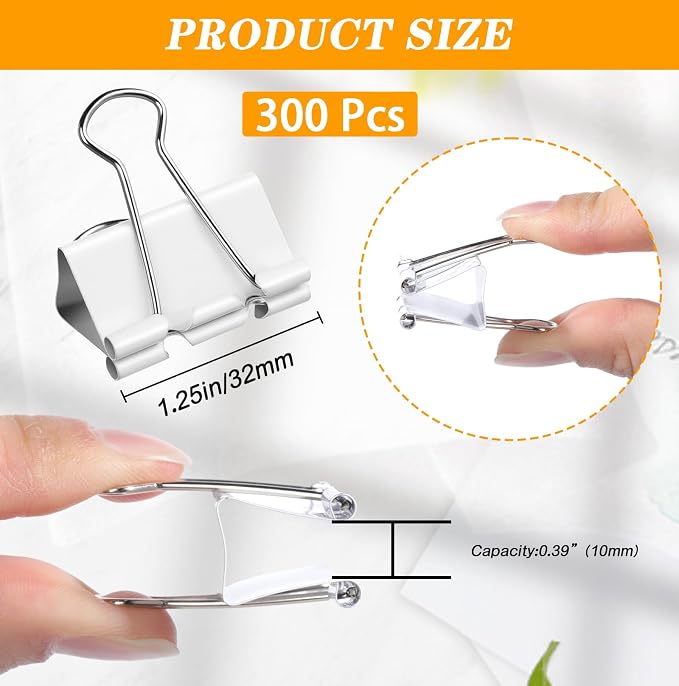 Jetec 300 Pack 1.25in/32mm White Metal Binder Clips Bulk Medium Reusable Fold Back Binder Clips Paper Clamps Spring Steel Sturdy for Home Office School Supplies
