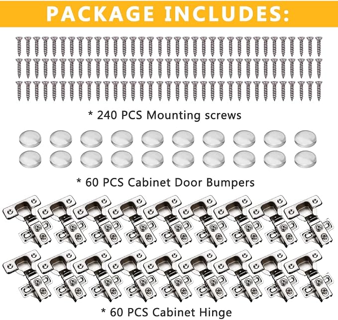 60 Pack Soft Close Cabinet Door Hinges for 1/2" Partial Overlay Cupboard, 100 Degree Opening Angel, Stainless Concealed Kitchen Cabinet Hinges with Mounting Screws and Manual