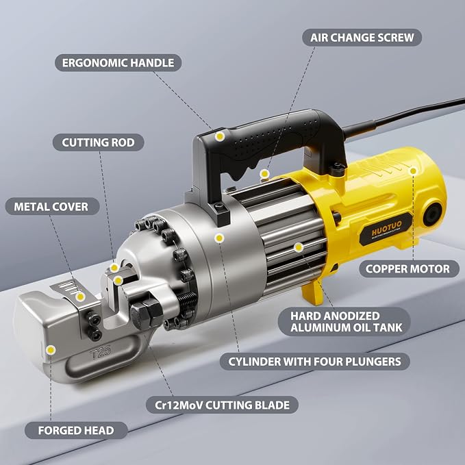 HUTOUO 1" Electric Hydraulic Rebar Cutter, Portable Rebar Cutter, Fast Cutting #8 4-25mm Rebar within 2-3s Cutting Speed, 1600W High Power Steel Rebar Cutter for Construction 120v/60hz (RC25-Yellow)
