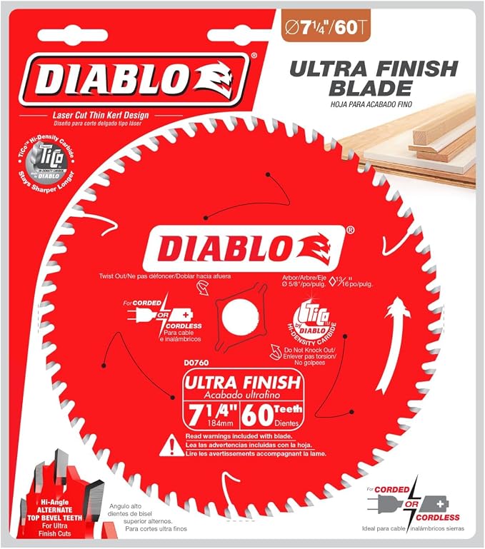 Diablo Ultra Finish Carbide Saw Blade - 7-1/4" Dia., 60 ATB Teeth, 2-Pack | Ideal for Wood - TiCo Hi-Density, Perma-SHIELD Non-stick Coating, Tri-metal Shock Resistant - D0760A