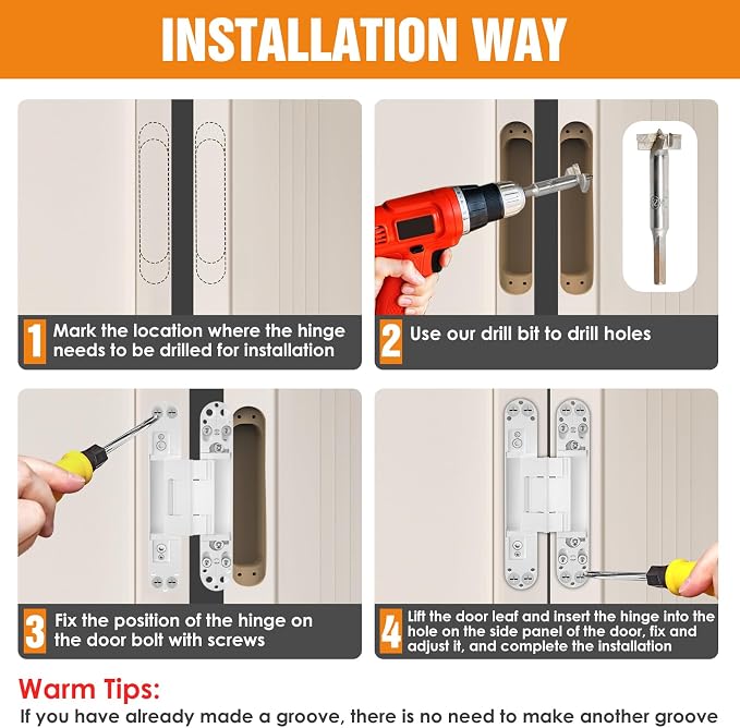 6" Hidden Door Hinge/Concealed Hinges,Invisible Hinges,Invisible Door Silent 180 Degree Swing Hinge 3-Way Adjustable Butt 6 x 2.5 x 1inch (White, 6 inches)