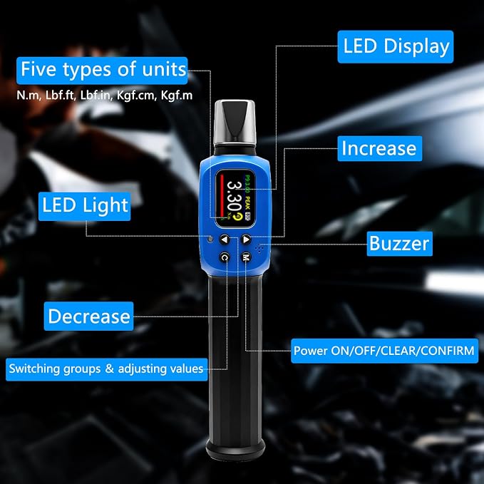 Adjustable Digital Torque Wrench, Hvac Torque Wrench 2.2-44.2Ft-lbs/3-60Nm | With 38 mm Adjustable Jaw, 3/8 Drive Ratchet, ±1% Accuracy, Color TFT Screen, Vibration, Buzzer and LED Indicator