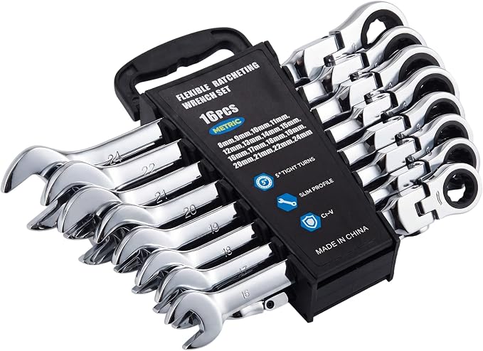 Garvee 16 Piece Metric Ratcheting Wrench Set Combination Ratcheting Wrench | 72-Tooth 5° Swing Arc CR-V Steel | Metric 8-24mm Complete Coverage for Automotive Repair, Mechanical Maintenance DIY Project