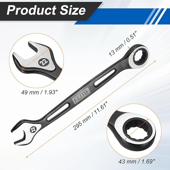 HARFINGTON Ratcheting Combination Wrench 22mm Stubby Wrench Metric High Carbon Steel Double 12-Point Box Open-Ended Ratchet Spanner Tool for Household Garage Workshop Auto Repairs, Black