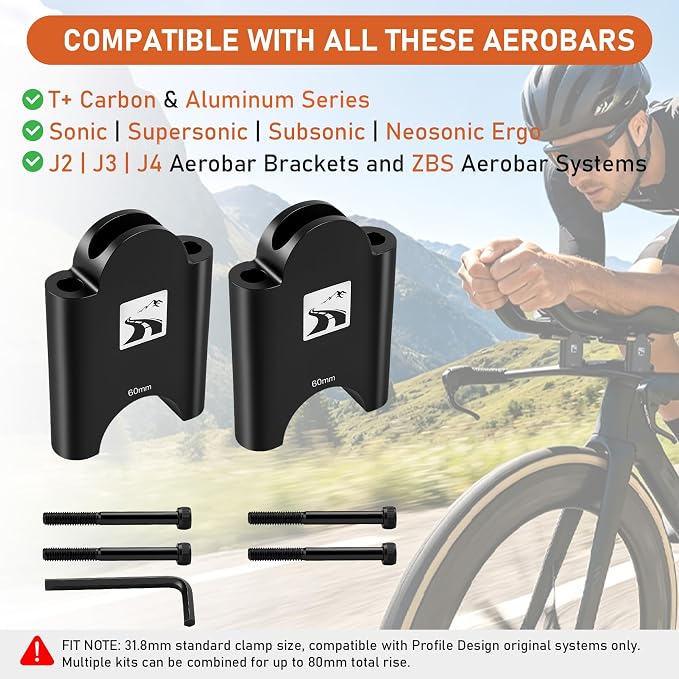 60mm Aluminum Aerobar Riser Kit, Clip On Aero Bars Armrest Handlebar Spacers for Road Bike Triathlon and Time Trial, Compatible with Profile Design 31.8mm Clamp, with M5 & M6 Mount Bolts