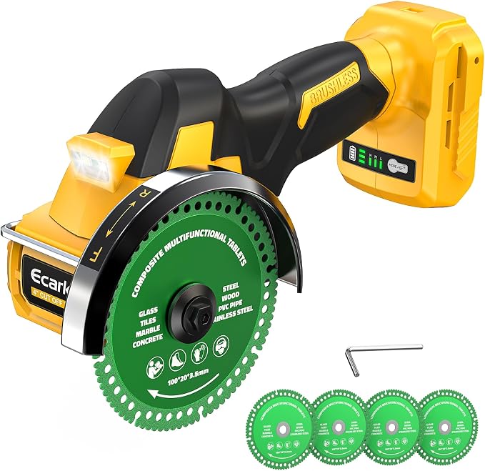 Ecarke Cordless Cut Off Tool Compatible with DeWalt 20V Battery, 4" Circular Saw Brushless Motor with Blades, 18,000 RPM Mini Cut Off Tool Kit for Wood/Metal/Plastic/Tile/Stone Cutting (Tool Only)