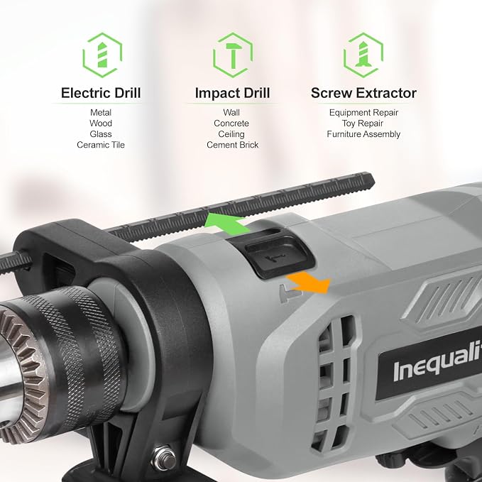4.5Amp Corded Hammer Drill 3000RPM with 5pcs Bits, 1/2 Inch Keyed Metal Chuck Impact Drill, 360° Rotating Handle and 12 Variable Speed for 2 Functions in 1