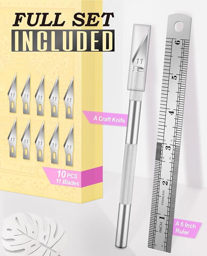 1 Pcs Craft Knife Hobby Knife with 11 Pcs Stainless Steel Blades Kit, 1pcs Steel 15MM Ruler for Art, Scrapbooking,Stencil
