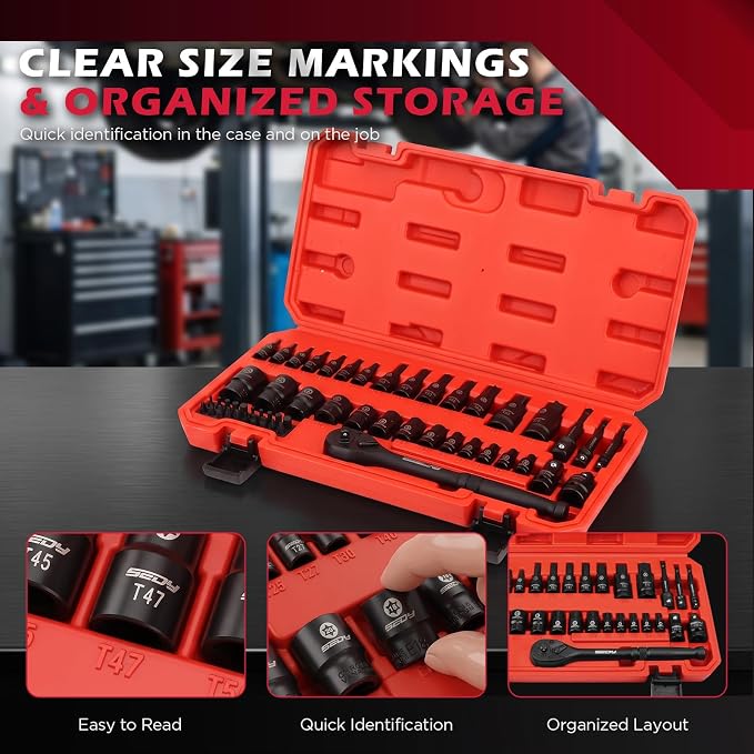 54-Piece Master Torx Bit Socket Set, T8-T70 Star Bits and E4-E24 E-Torx Sockets, Ratchet Wrench, 1/4" Bit Holder, S2 Steel Bits, CR-V Sockets, Extension Bars and Adapters for Auto Repair