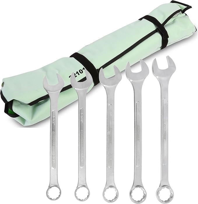 OEMTOOLS 22101 5 Piece SAE Jumbo Combination Wrench Set, Large Combination Wrench Set, SAE Sizes | Box End Metric Wrench Set, 15° Offset Wrenches, Chrome Plated Finish, Includes Canvas Wrench Roll, Drop-Forged Alloy Steel