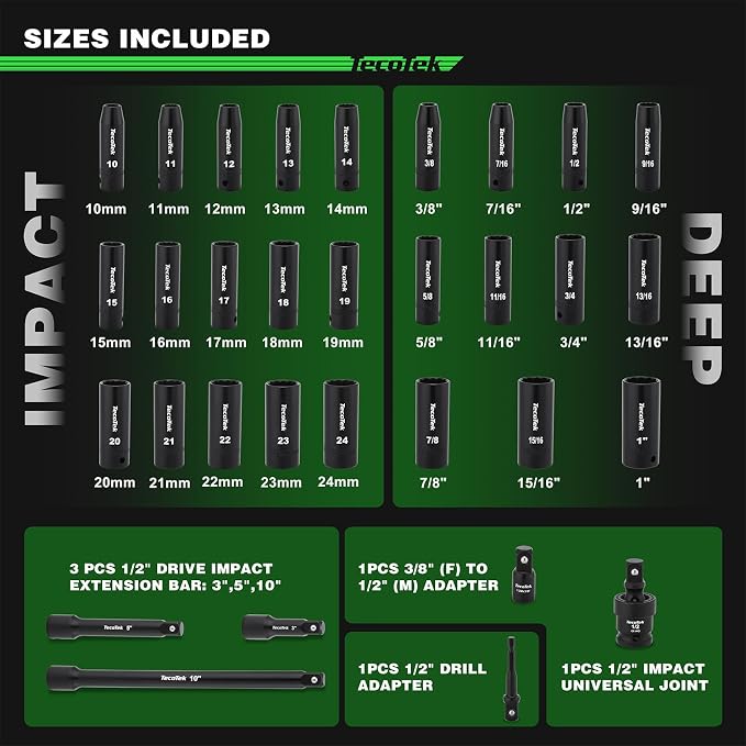 TecoTek 1/2" Drive Deep 12-Point Impact Socket Set, 32-Piece Socket Set, SAE 3/8-1-Inch and Metric 10-24mm Size, Includes Extension Bars, Universal Joint and Adapter, CR-V Steel