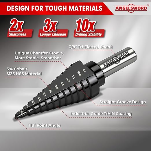ANGELSWORD Step Drill Bits, 50 Sizes, 5PCS M35 TiAlN Coated Step Drill Bit Set for Stainless Steel, High Carbon Steel, Hard Material and Sheet Metal, with Aluminum Case