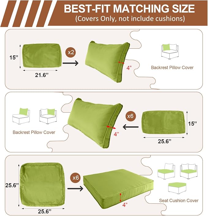 14 Piece Outdoor Patio Cushion Covers Replacement, Waterproof Outdoor Furniture Cushion Covers, Fit 7 Pcs 6 Seater Wicker Rattan Conversation Sofa Set,Grass Green(Only Cover) 25.6x25.6