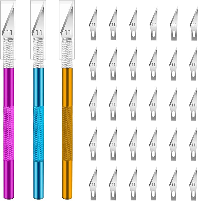 JETMORE Exacto Knife Set, 3 Exacto Knives with 30#11 Extra Exacto Knife Blades, Craft Knife, Hobby Knife, Precision Knife, Exacto Knife Set for Crafts, Arts, Modeling, Scrapbooking (Purple-Gold-Blue)