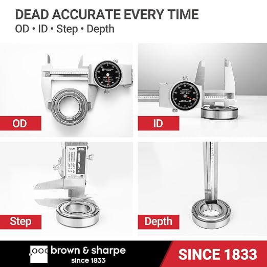 Brown & Sharpe Dial Caliper Measuring Tool 0-6", Swiss Core Movement 0.001" Accuracy, Shock-Proof Dial Vernier Caliper with Locking Screw, 4-Way Measurement, Hardened Stainless Steel, Smooth Operation