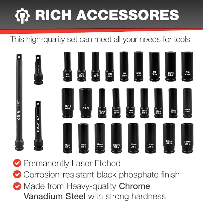 EACELIY 29pcs 1/2" Socket Set, Drive Deep Impact Socket Set, Including 3 ", 5", 10" Impact Extension Bar, Standard SAE (3/8 "- 1") and Metric (10mm-24mm), Cr-V Steel