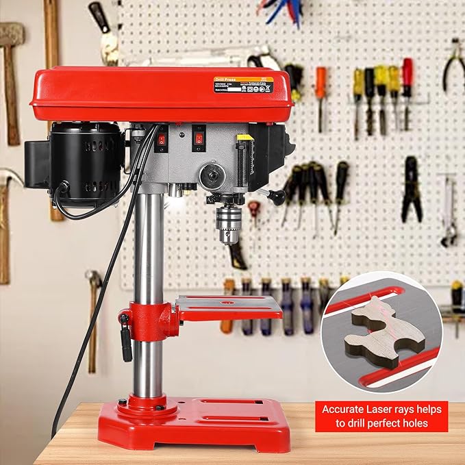 GarveeTech 8" Benchtop Drill Press, Laser Ray (Class II Max. 1mW), Tabletop Drilling Machine with 5 Adjustable Speeds (620 to 3100 RPM), 0-45°Tilting Worktable with LED Light (1W), for Wood or Metal