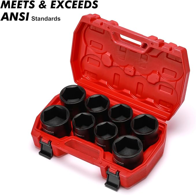 CASOMAN 1/2-Inch Drive Shallow Spindle Axle Nut Impact Socket Set,1-9/16" to 2", 6-Point, SAE, CR-MO, 8 Piece 1/2" Heavy Duty Impact Socket Set