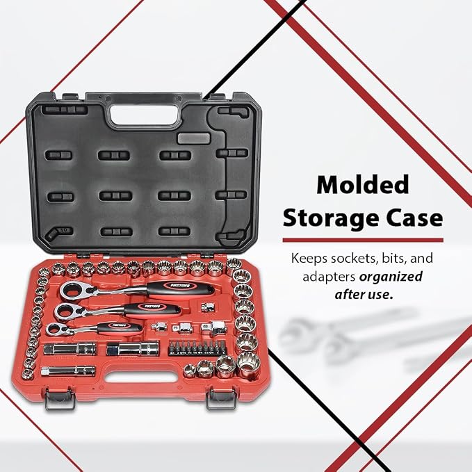 FIRSTINFO 52-Piece Pass-Through Ratchet Socket Set, SAE/Metric | 1/4", 3/8" & 1/2" Drives, Low-Profile Spline Sockets, Go-Thru Ratchet Wrench, Chrome Vanadium Steel, Made in Taiwan