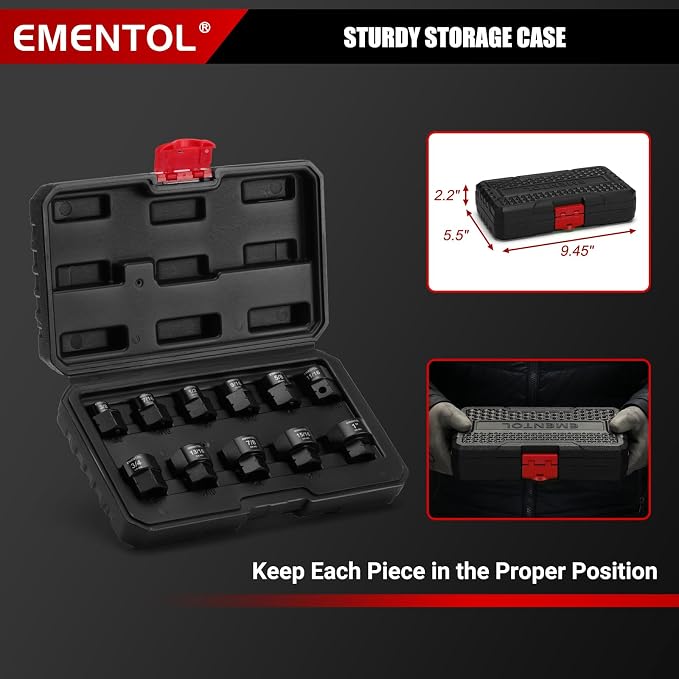 EMENTOL 1/2" Drive Low Profile Nano Impact Socket Set, SAE 3/8"-1", 11PCS Stubby Sockets, CR-MO Steel, No Skips Sizes, with Plastic Case