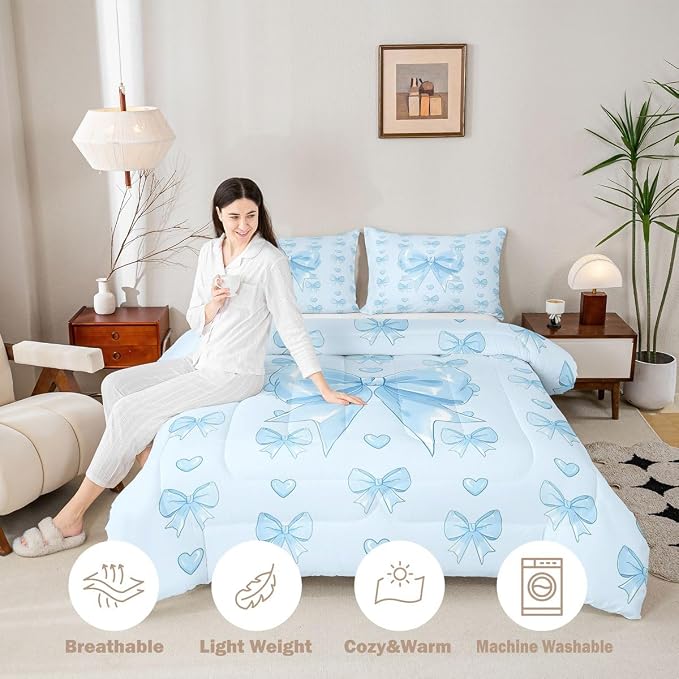 Feelyou Cute Blue Bow Bedding Set Soft for Boys Girls, Love Hearts Bowknot Comforter Set King Size Girly Bow Tie Duvet Quilt Microfiber Bedroom Decor 3 Pcs with 2 Pillow Cases
