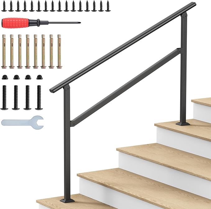 Hand Rails for Outdoor Steps 2-5 Steps Wrought Iron Handrails | Stair Railing for Porch, Home, Garden, Indoor, Staircase Handrails for Wooden, Cement, Brick, Marble (4 Steps)