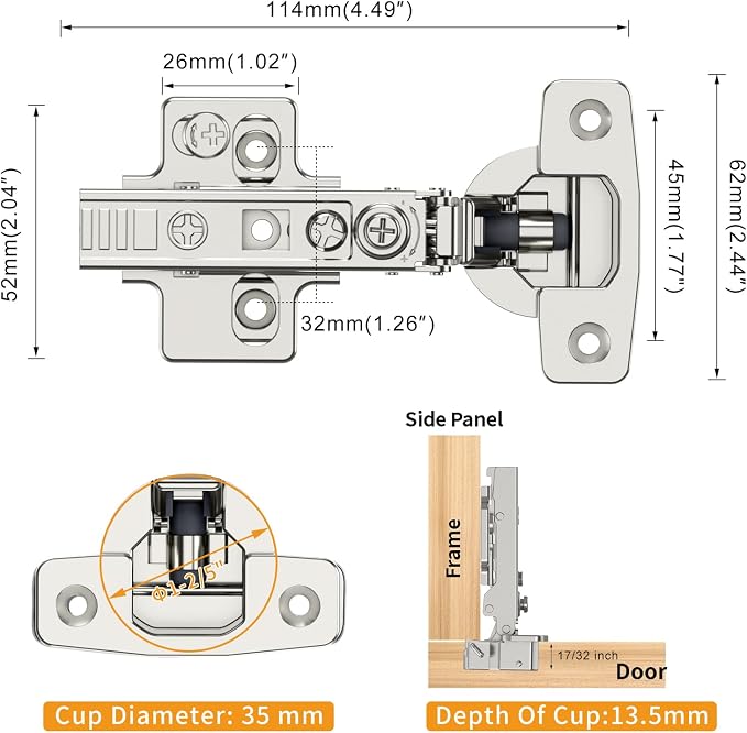 Chibery 20 Pack Frameless Full Overlay Soft Close Concealed European Hinges, Self Closing Satin Nickel, 105 ° Open Angle 4D Adjustment, Speed Control, Clip On, Stainless Steel for Cabinet Door